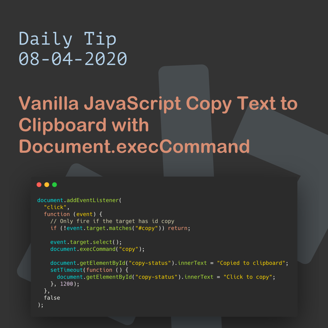 Vanilla JavaScript Copy Text to Clipboard with document.execCommand